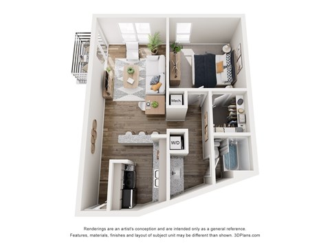 Floor plan for 1 bed, 1 bath, 680 sqft